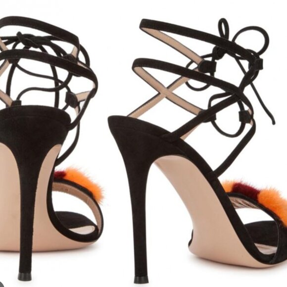 Gianvito Rossi Black Tie Ankle Mink Heels - Picture 8 of 12